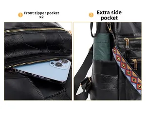 Detail of dual front zipper pockets and expandable side pocket on black leather backpack