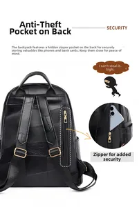 Detailed view of the anti-theft back pocket on this black patchwork leather backpack