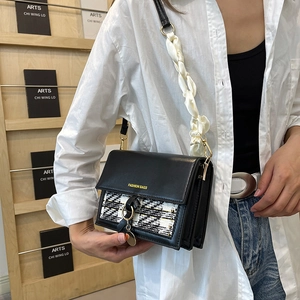 Fashionable retro crossbody bag with woven texture and silk scarf wrapped strap