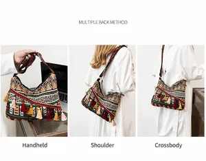Detailed views of ethnic embroidered bag showing handheld, shoulder and crossbody styles