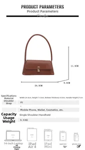 Detailed size parameters and dimensions for the brown PU leather vintage baguette bag