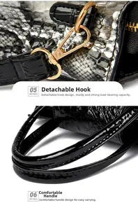 Close-up of snakeskin pattern leather with gold metal hook and black patent handle