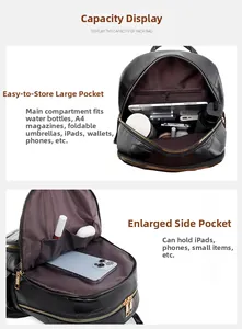 Detail view of large capacity black backpack showing compartments and premium lychee leather