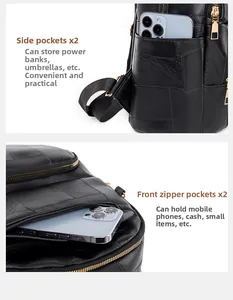Detail view of black lychee leather backpack with functional side pockets and gold zippers