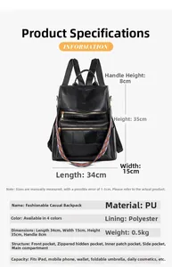 Detailed size specifications of the black anti-theft PU leather backpack for women