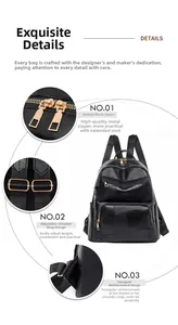 Detail of gold metal zipper, adjustable straps and reinforced stitching on black leather backpack