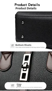 Detail of silver base rivets and metal twist lock on black litchi grain leather bag