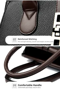 Detail of reinforced stitching and comfortable round handle on black leather handbag