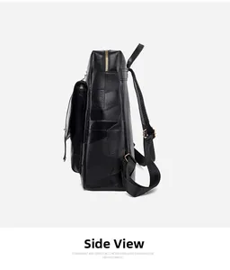 Side view of black patchwork leather backpack with gold zippers and adjustable straps