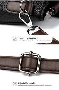 Detail of black lychee grain leather handbag with adjustable strap and silver hooks