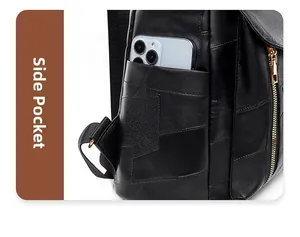 Vue détaillée de la poche latérale du sac à dos en cuir noir avec téléphone