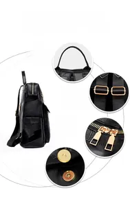Détails du sac à dos en cuir noir avec ferrures dorées et fermoir magnétique réglable
