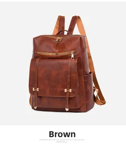 Detail view of the brown backpack featuring geometric texture and gold metal zippers