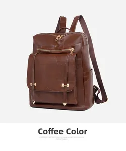 Side view of large coffee PU leather backpack showing main zipper and front pockets