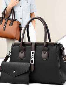 Vintage Women PU Crossbody Bag Set Handbag And Pouch with Metal Lock Solid Color Street Fashion Shoulder Bag for Daily Use