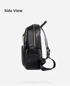 Side view of black PU leather backpack showing patchwork design and gold zippers