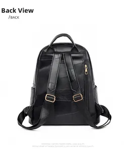 Detailed back view of a black soft leather backpack with adjustable nylon straps and gold buckles