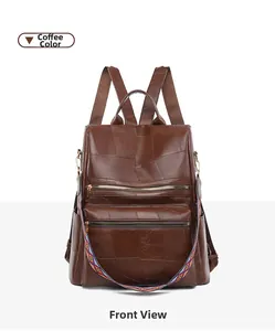 Front view of coffee brown soft leather backpack with stylish geometric woven strap