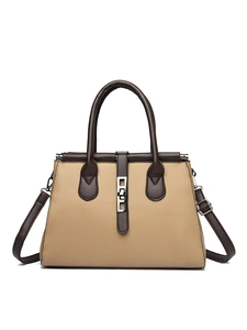 Classic two-tone khaki and brown faux leather handbag with metal buckle and shoulder strap