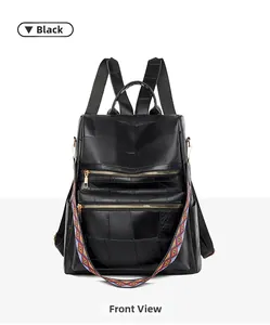 Front view of black soft leather backpack with ethnic geometric wide shoulder strap
