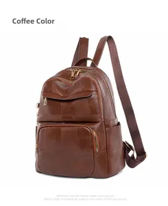 Detail of coffee brown patchwork leather backpack featuring multiple functional zippers