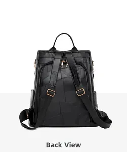 Detailed back view of a black geometric patchwork leather backpack with gold hardware
