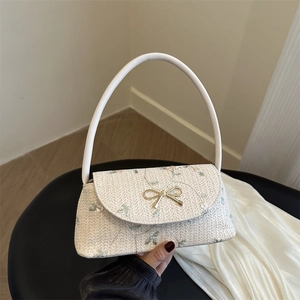Vintage Floral Embroidered Straw Woven Baguette Bag For Women Summer Underarm Shoulder Bag With Metal Bow Clasp Elegant Purse