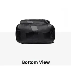 Detailed base view of black soft leather backpack showing durable stitching and texture