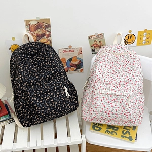 Women Floral Print Nylon Backpack Fresh Sweet Style Student School Bag For Girls Casual Outdoor Daypack Flower Pattern