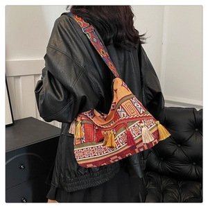 Rear view of a woven bohemian crossbody bag with colorful tassels and geometric patterns
