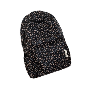 Minimalist black floral backpack for women with pink flower patterns and front pocket