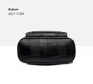 Vue détaillée du fond plat d'un sac à dos en similicuir noir à blocs de couleurs