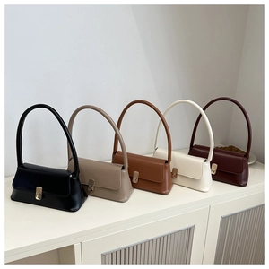 Detailed view of stylish vintage baguette bags in five colors with gold buckles
