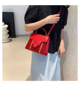 Detail of red leather handbag with crocodile texture and brown handle worn by a model