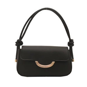 Minimalist black faux leather shoulder bag with gold metal buckle and knotted strap detail