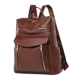 Sac à dos rétro en cuir marron foncé pour femme avec patchwork et fermetures éclair dorées