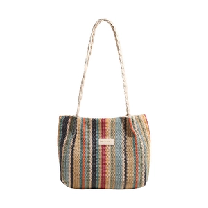 Handwoven straw tote bag with multi-color vertical stripes and thick rope shoulder straps
