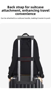 Close-up of the luggage strap on the back of the black oxford fabric business backpack