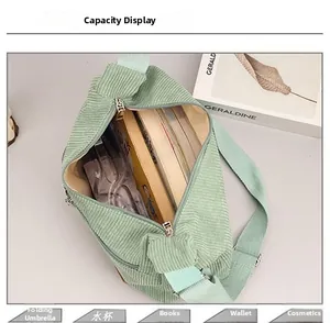 Light green corduroy crossbody bag showing spacious interior with books and daily items