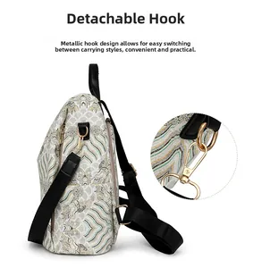 Detail of detachable gold-tone metal hook and adjustable black nylon strap on backpack