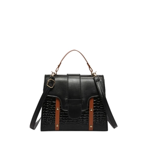 Black and brown minimalist satchel handbag with faux crocodile texture and gold rivets