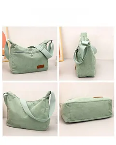 Detailed views of corduroy crossbody bag showing multiple angles and adjustable strap