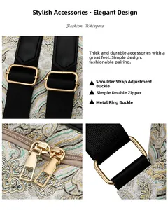 Detail of vintage backpack showing double zippers and adjustable metal strap buckles