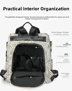 Macro view of patterned fabric backpack showing multi-pocket interior and black leather straps