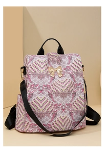 Close-up of wavy jacquard texture and golden bow detail on a stylish women backpack