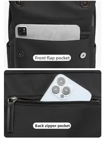 Detail of waterproof Oxford cloth backpack showing magnetic flap pocket and back zipper pocket