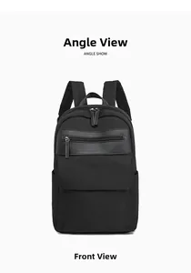 Front view of a minimalist black oxford business backpack with leather accents and hidden pockets
