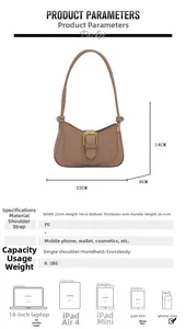 Spécifications de taille pour le sac bandoulière en PU marron avec poids et capacité