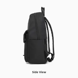 Side view of black oxford business backpack with ergonomic padded shoulder straps