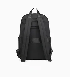Black business backpack back view with padded straps and luggage trolley strap